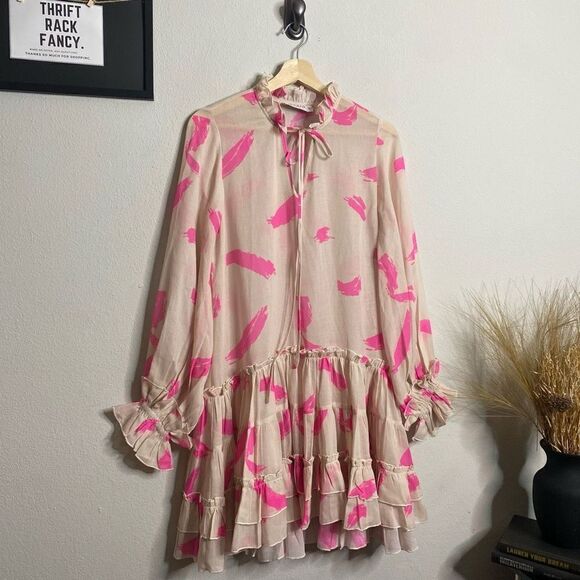 KLEID Dress Ruffle Printed Long Sleeve Pink Sheer Mini Dress Size XS - Picture 3 of 7